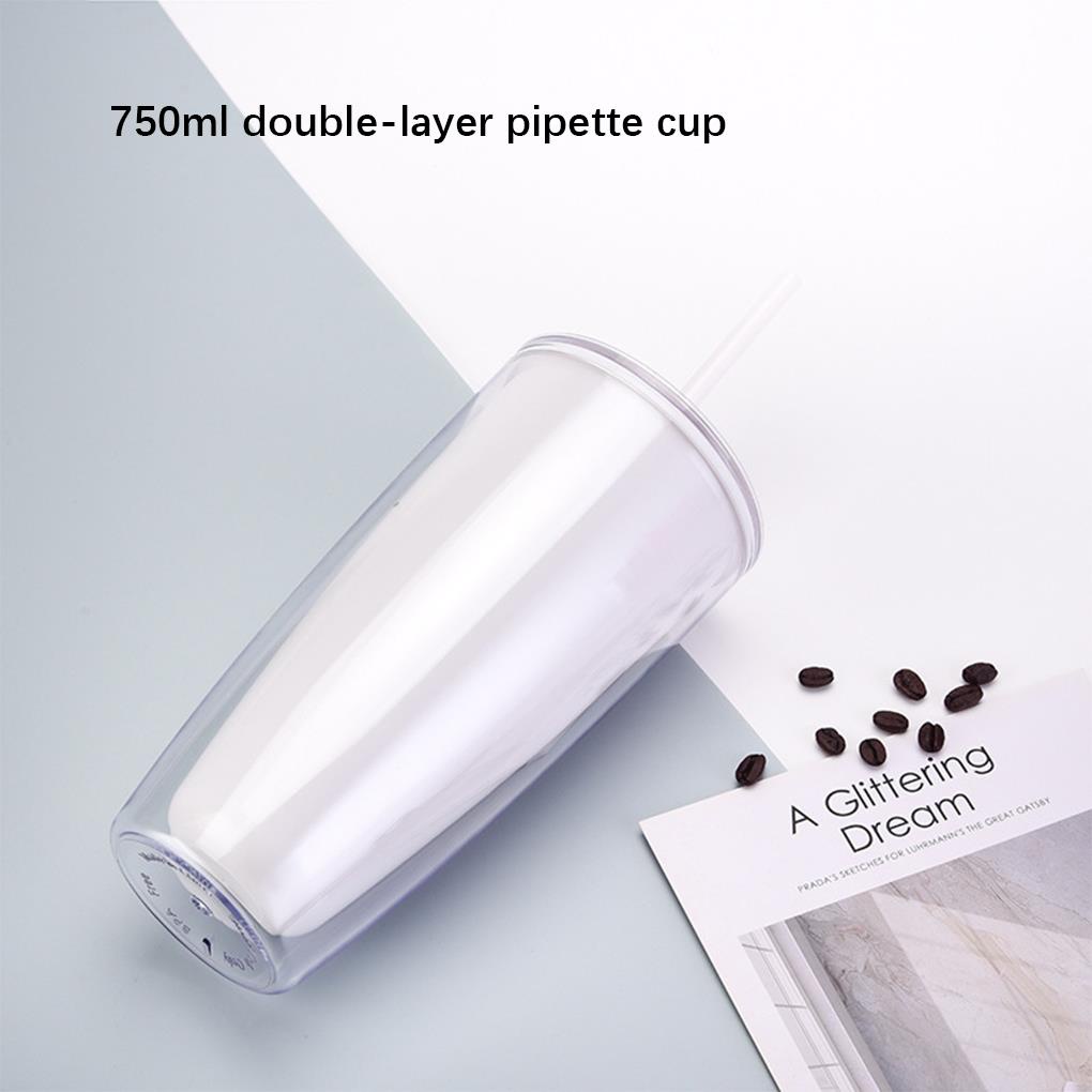 Cốc Uống Cà Phê Hai Lớp Cách Nhiệt 750ml Kèm Nắp Và Ống Hút Kiểu Dáng Đơn Giản