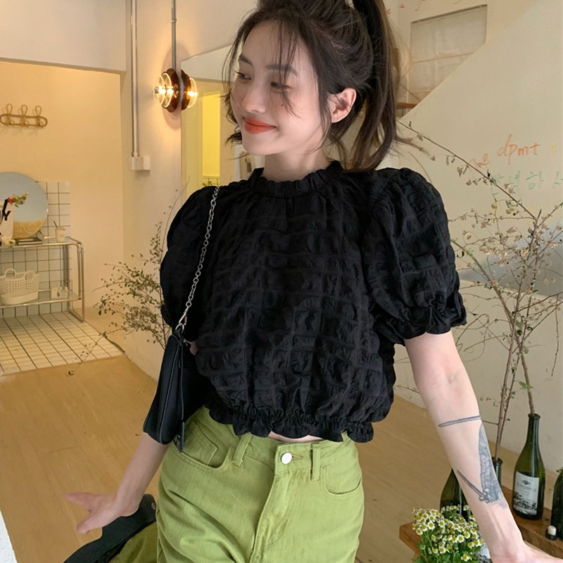 IELGY   Áo Sơ Mi Tay Phồng Màu Trắng Thiết Kế Đơn Giản Dành Cho Nữ