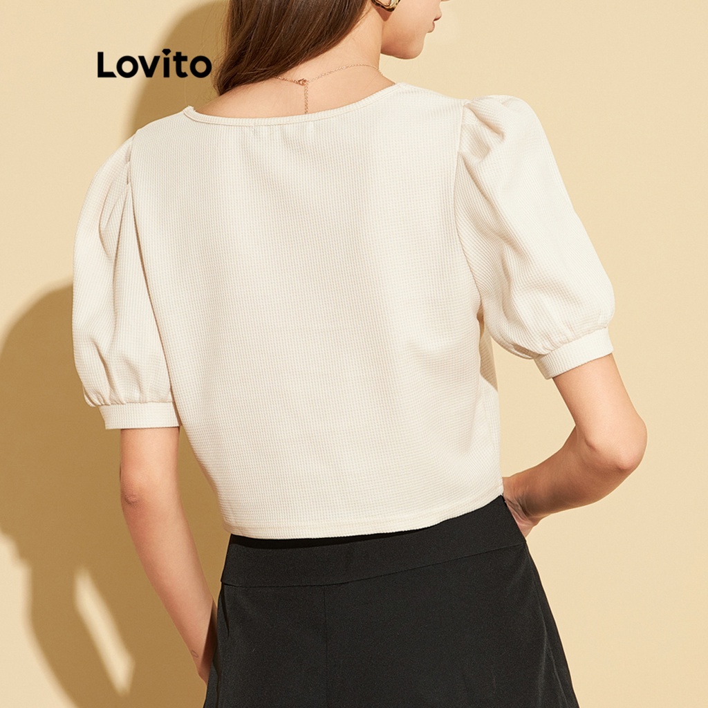 (Vật phẩm thiết yếu) Áo thun cổ vuông Lovito tay phồng thanh lịch