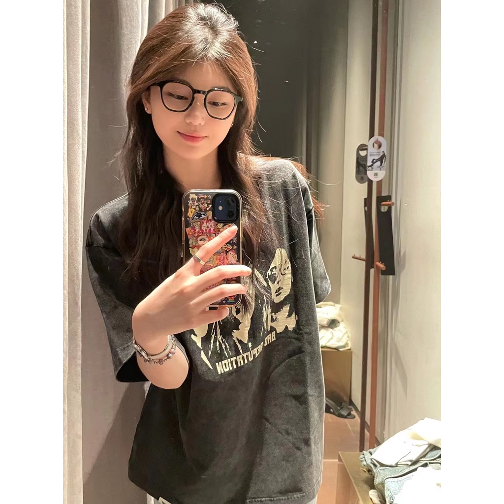 Áo thun NRVP 100% cotton tay ngắn dáng rộng in họa tiết độc đáo phong cách Hàn Quốc thời trang cho nữ