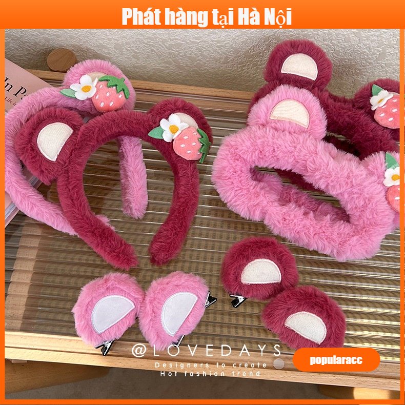 Bờm Tóc/Băng Đô Cài Tóc Rửa Mặt Hình Tai Gấu / Dâu Tây Bằng Lông Nhung Dễ Thương Xinh Xắn