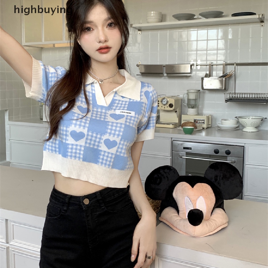 Áo Croptop Dệt Kim Tay Ngắn Cổ Polo Họa Tiết Caro Và Trái Tim Thời Trang Mùa Hè Cho Nữ