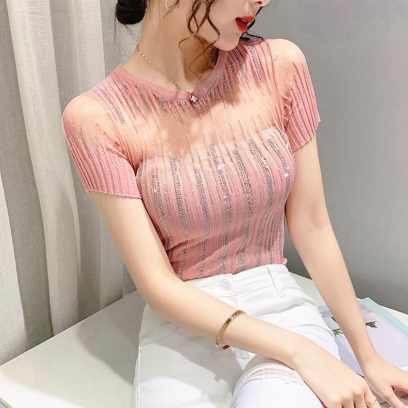 Áo Thun Lụa Lạnh Dệt Kim Tay Ngắn Khoét Lỗ Đính Đá Thời Trang Mùa Hè Cho Nữ