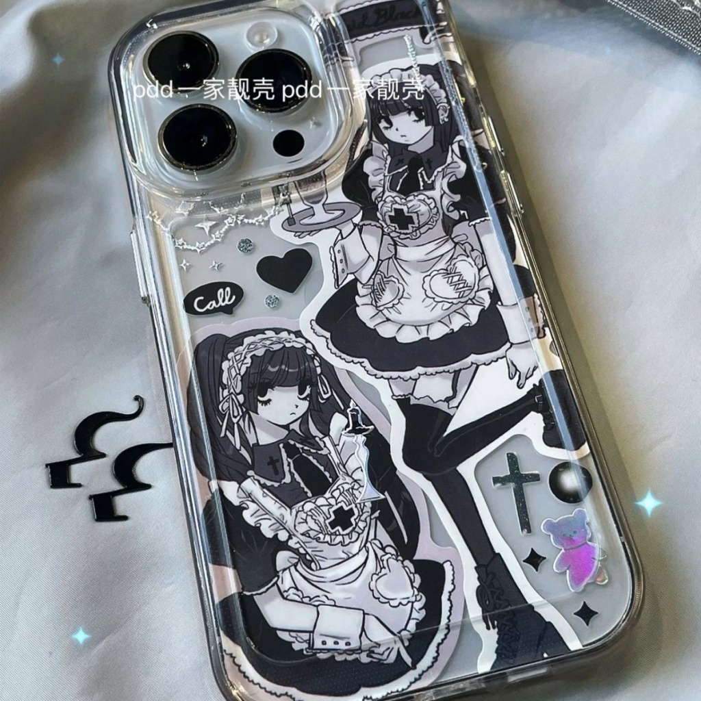 Ốp Điện Thoại Mềm Chống Rơi Họa Tiết Hoạt Hình Màu Trắng Đen Cho Iphone 14promax 13 13promax 12 11 7 8 6splus