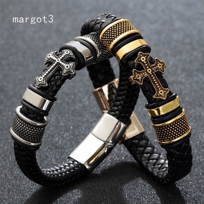 Vòng Tay Dây Da Bện Màu Đen Đính Đá Zircon Hình Thánh Giá Cổ Điển Cho Nam Và Nữ