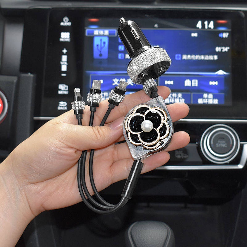 3-in-1 Charging Wire Camellia Retractable Three-in-One Phone Fast Charge Typec for Apple Data Cable Android Trang trí xe hơi bLCV