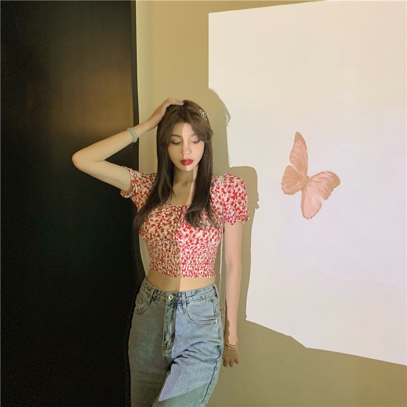 IELGY     Áo Thun Tay Phồng In Họa Tiết Bươm Bướm Dễ Thương Phong Cách Pháp Thời Trang Cho Nữ