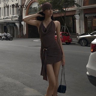 Đầm Mini Không Tay Cổ Yếm Màu Trơn Thời Trang 2023 Cho Nữ