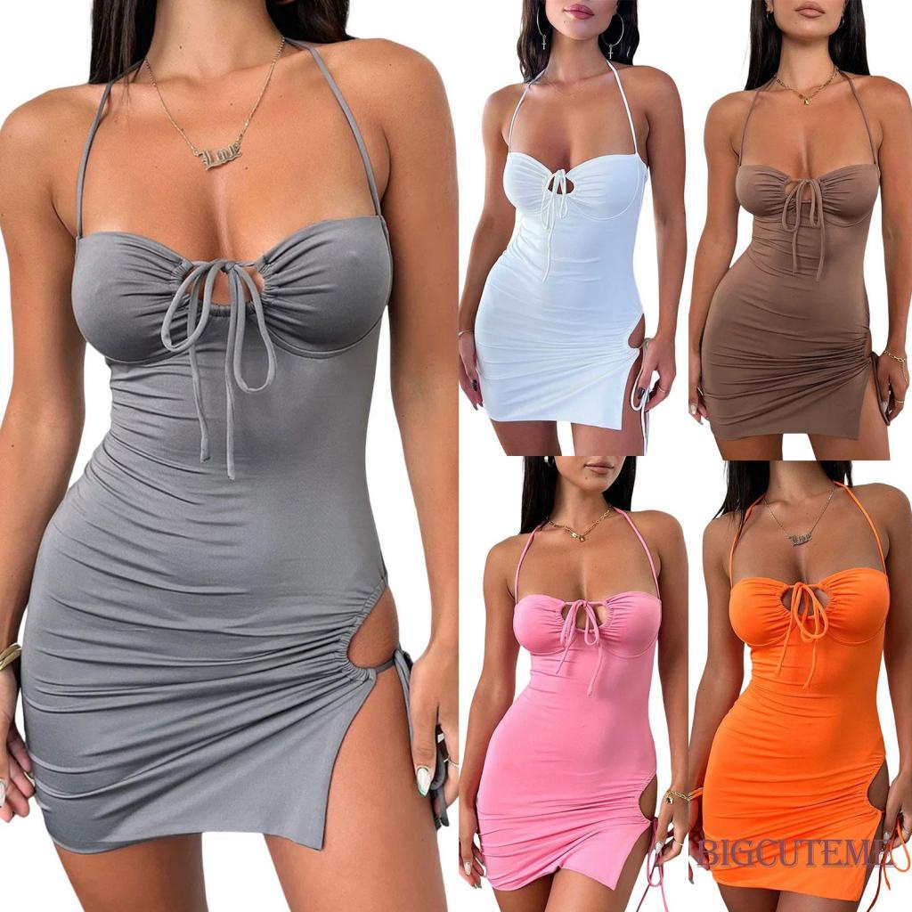 [] - Đầm Ngắn Hai Dây Ôm Dáng Màu Trơn Không Tay Thắt Dây Cổ Cho Nữ Vào Mùa Hè