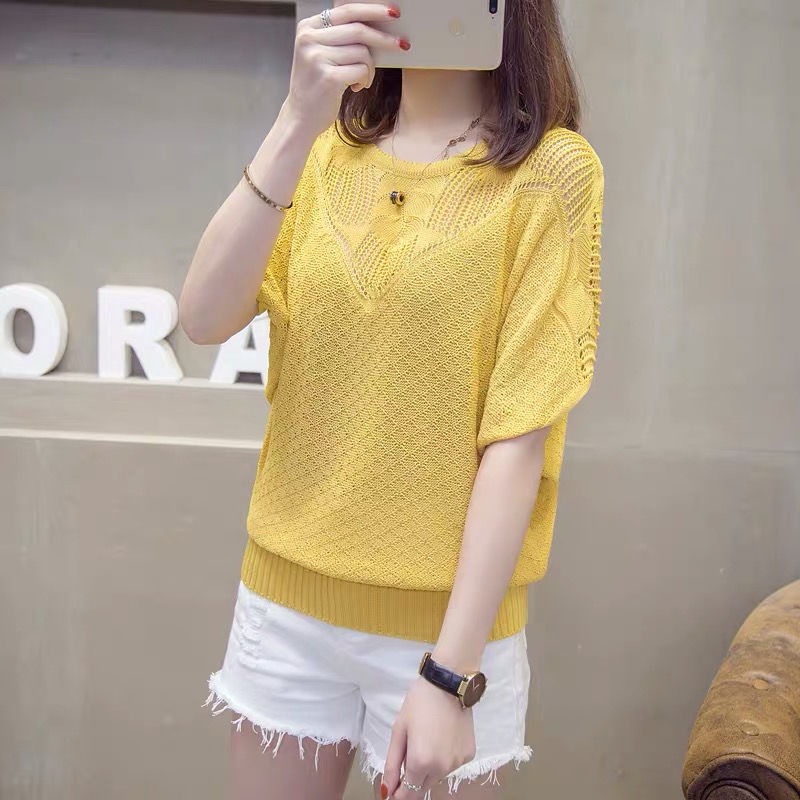 Áo Thun Cánh Dơi Dệt Kim Màu Trơn Cổ Tròn Dáng Rộng Thời Trang Xuân Hè