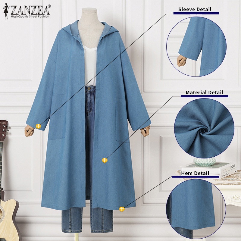Áo khoác denim ZANZEA tay dài có mũ trùm đầu và túi thời trang dành cho nữ