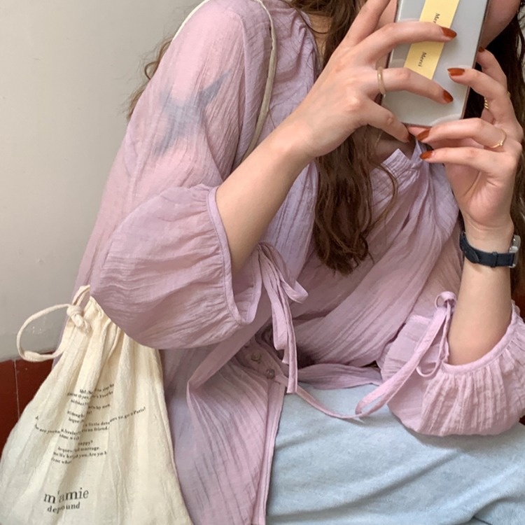 Áo sơ mi voan đũi nhăn cổ tim tay nơ dễ thương MS672