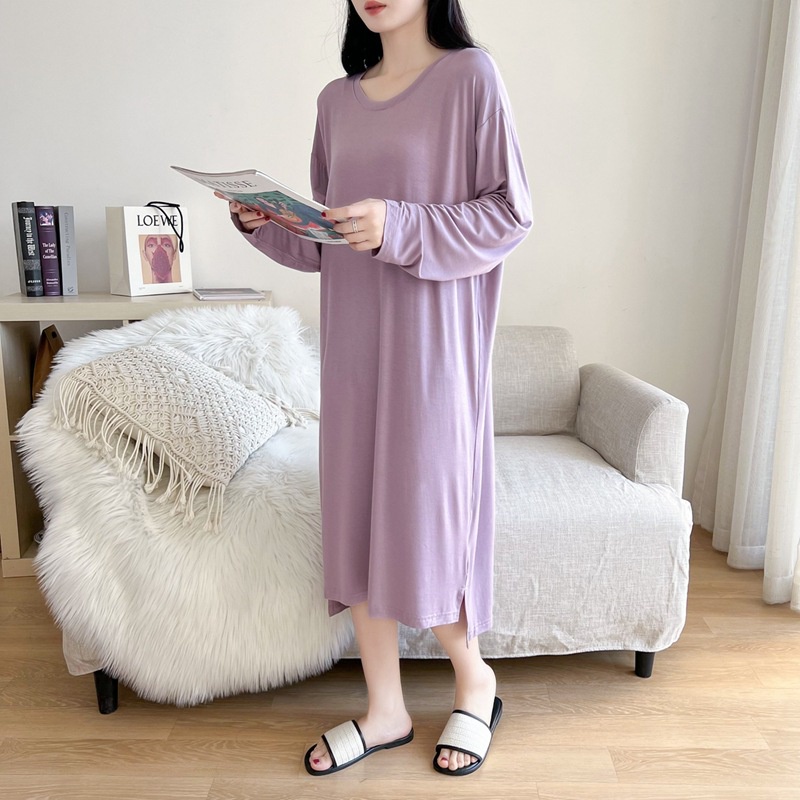 Đầm Cotton Modal Dáng Rộng Tay Dài Cổ Tròn Màu Trơn Thời Trang Mùa Hè Cho Nữ