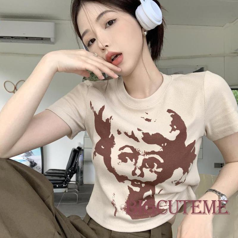 Áo Thun Lửng Ngắn Tay Form Rộng Họa Tiết Trừu Tượng Phong Cách Retro Dành Cho Nữ