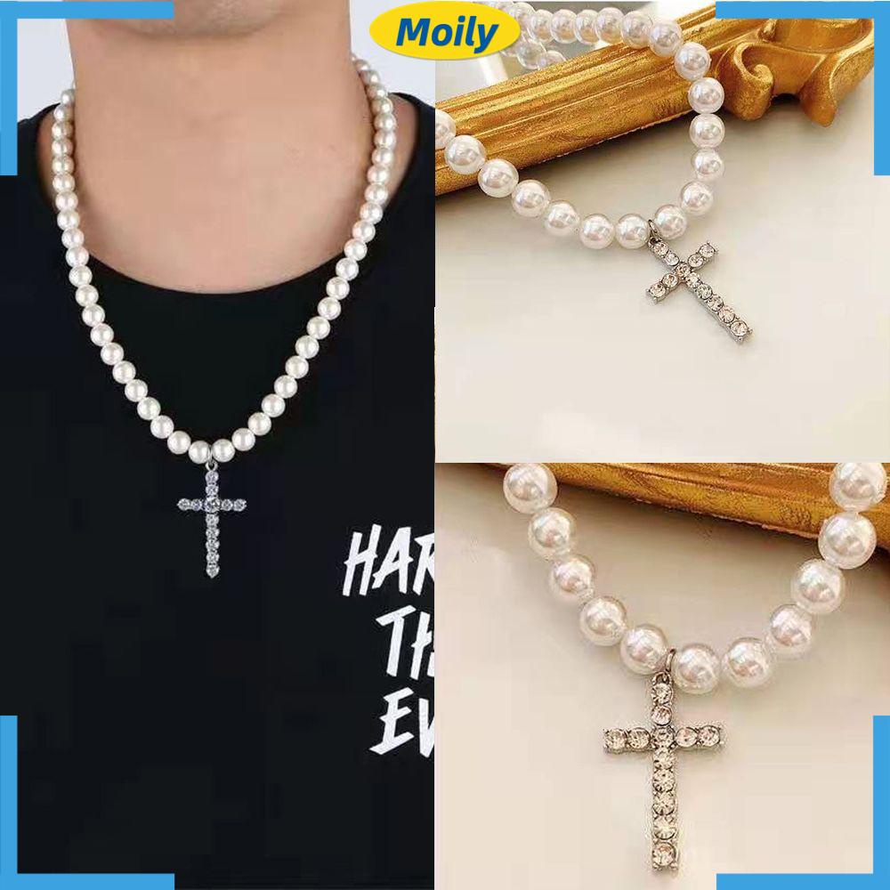 Vòng cổ choker mặt hình thánh giá đính hạt ngọc trai nhân tạo phong cách punk thời trang dành cho nam nữ
