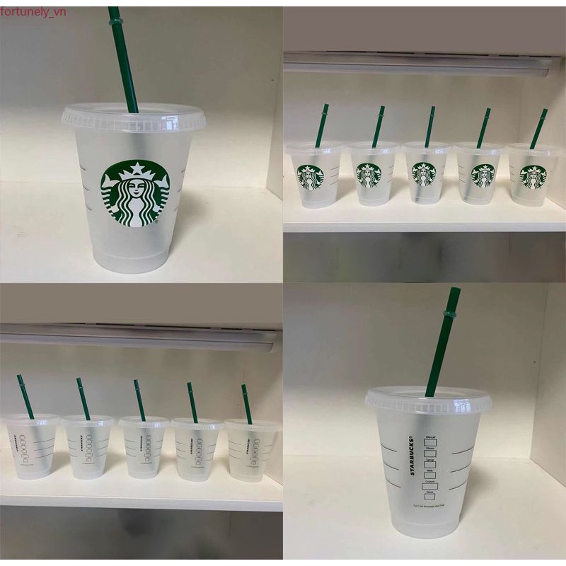 Cốc Ống Hút Starbucks Cốc Nhựa Trong Suốt Cốc Ống Hút Màu Xanh Lá Cây Cho Trẻ Em 473Ml/16Oz