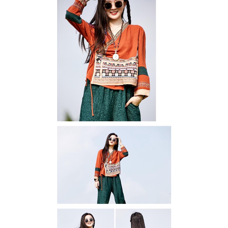 Áo Kiểu Cổ Chữ V Chất Lanh Cotton Hoạ Tiết Thêu Phong Cách Vintage