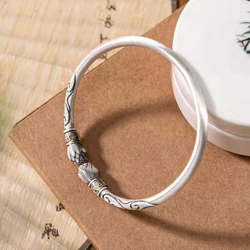 Vòng Tay Bạc 999 Dạng Hở Màu Trơn Đơn Giản Phong Cách Retro Cho Nam Nữ