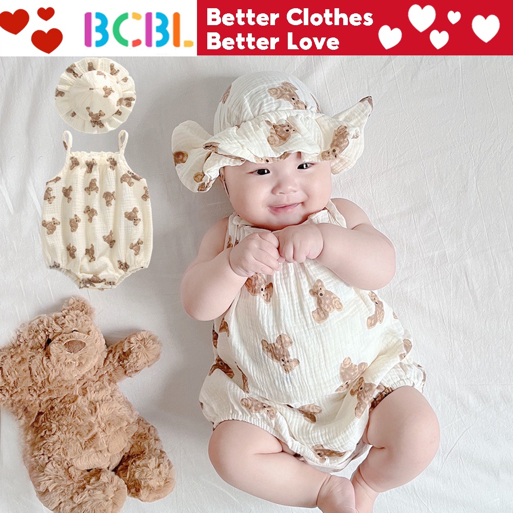 Áo liền quần hai dây BCBL có mũ trùm đầu họa tiết gấu hoạt hình thời trang Hàn Quốc mùa hè đáng yêu cho bé trai bé gái
