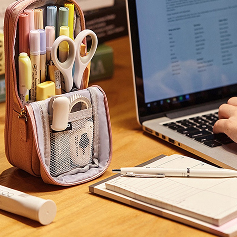 Set 2 Túi Đựng Bút Hai Ngăn Có Thể Gập Lại Màu Hồng Và Đen