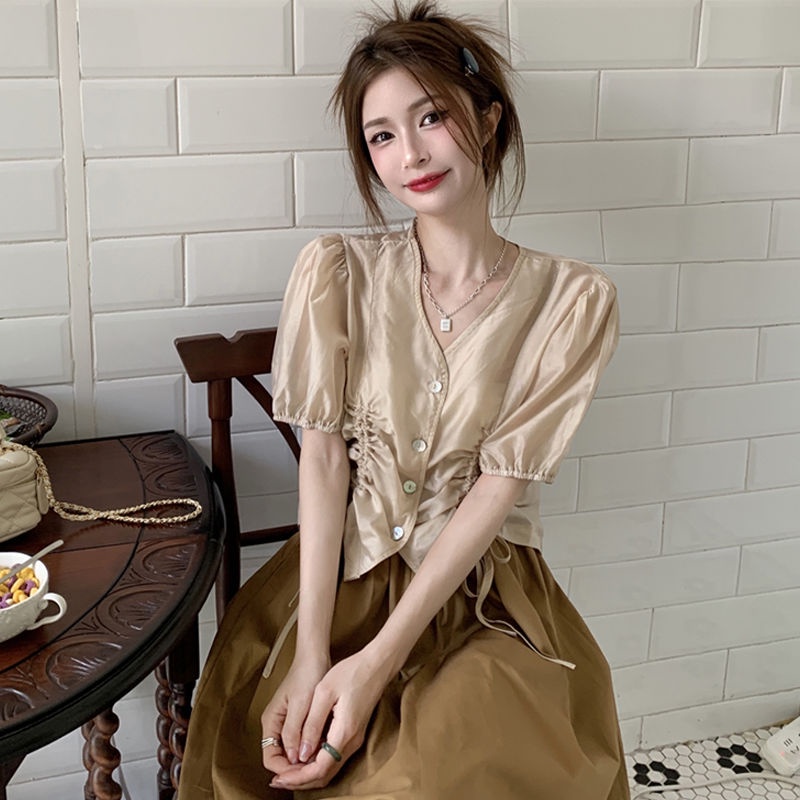 Set Áo Sơ Mi Tay Phồng Cao Cấp Phối Chân Váy Màu Trơn Thời Trang Mùa Hè Xinh Xắn Cho Nữ
