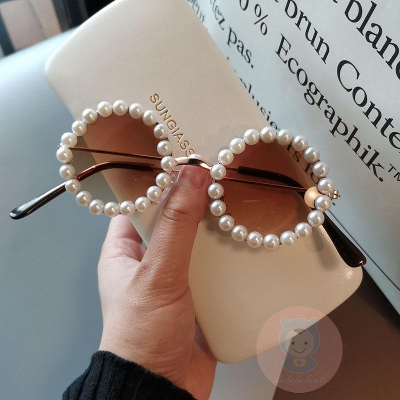 Kính Chống Nắng LAA6-Boys Tròng Tròn Đính Ngọc Trai Chống Tia Cực Tím Phong Cách Retro Cho Nữ