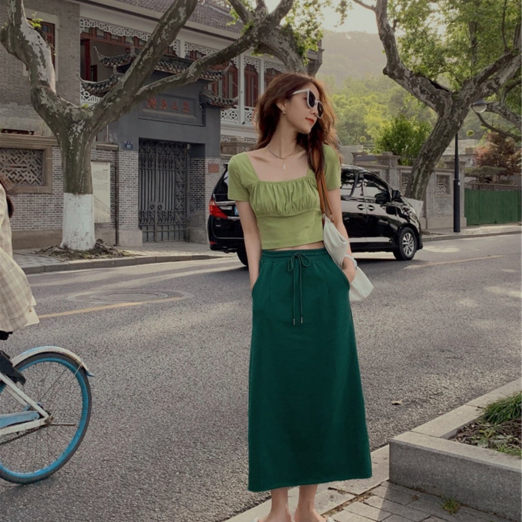 COZOK Áo Thun Lửng Ngắn Tay Cổ Vuông Thời Trang Nữ