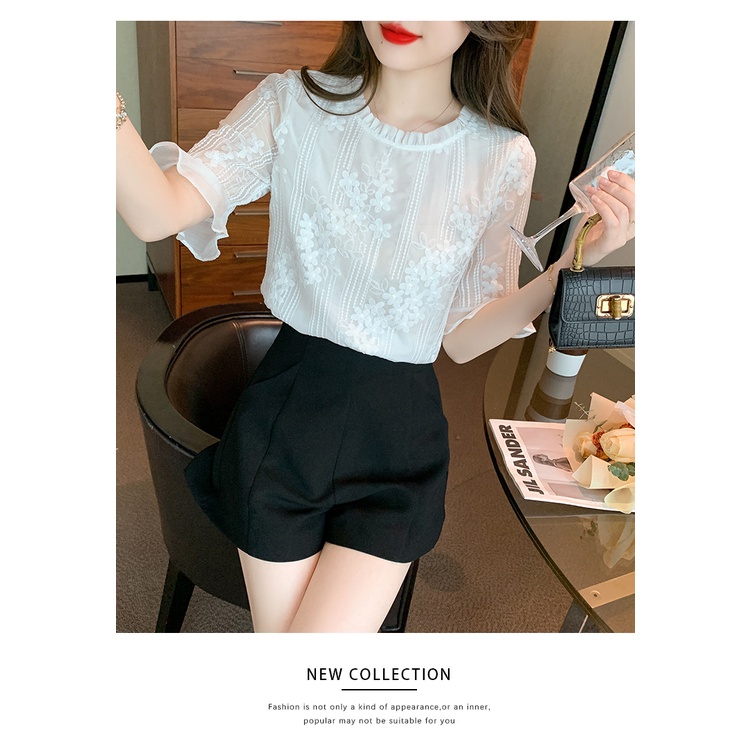 Áo Sơ Mi Chiffon Tay Loe Màu Trắng Thời Trang Mùa Hè Phong Cách Hàn Quốc Dành Cho Nữ