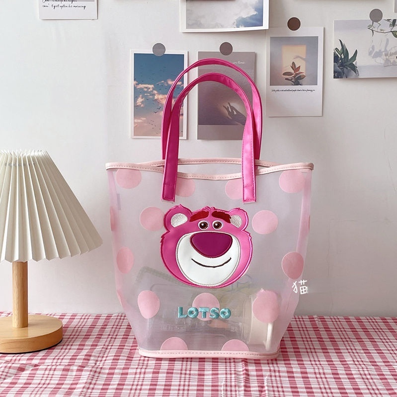 Túi Xách Đeo Vai Sức Chứa Lớn Họa Tiết Gấu Và Dâu Tây Dễ Thương