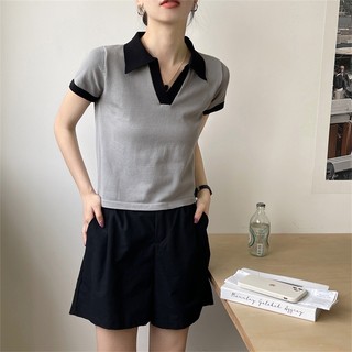 Áo Thun POLO Dệt Kim Tay Ngắn Màu Sắc Tương Phản Phong Cách Hàn Quốc Thời Trang Mùa Hè Cho