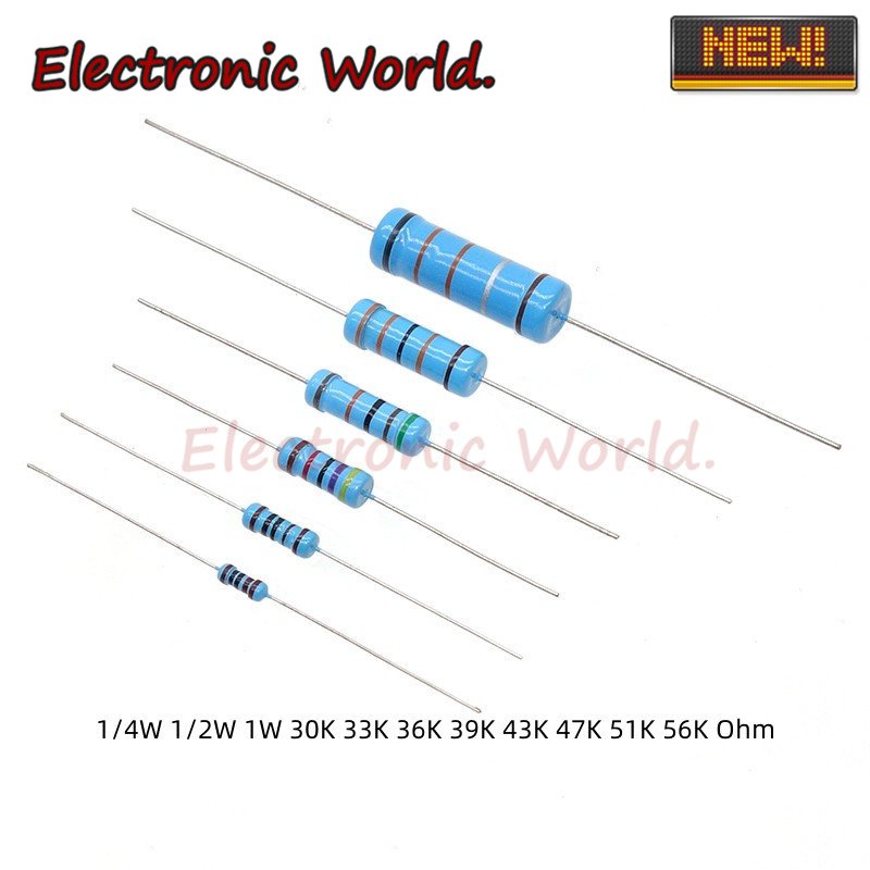 Set 100 Điện Trở Màng Kim Loại 1% 1 / 4w 1 / 2w 1w 30k 33k 36k 39k 43k 47k 51k 56k ohm Chuyên Dụng