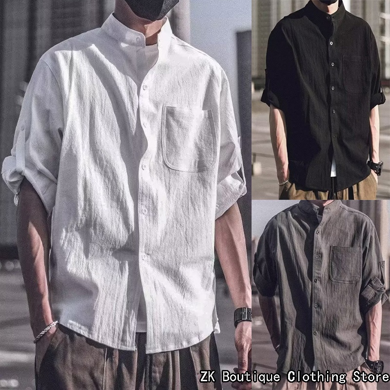 Áo Sơ Mi Cotton Lanh Cổ Cao Tay Ngắn Dáng Rộng Thoáng Khí Thời Trang Mùa Hè Cho Nam Và Nữ