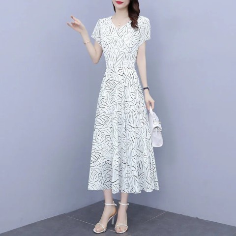 Đầm Voan Trắng Dáng Dài In Họa Tiết Hoa Thời Trang Mùa Hè 2021 Mới Kích Thước Lớn Che Bụng Cho Nữ