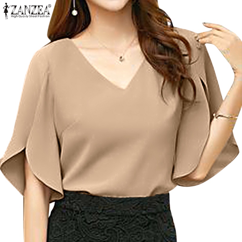 ZANZEA Women Korean Commuting Flare Half Sleeve V Neck Plain Blouse