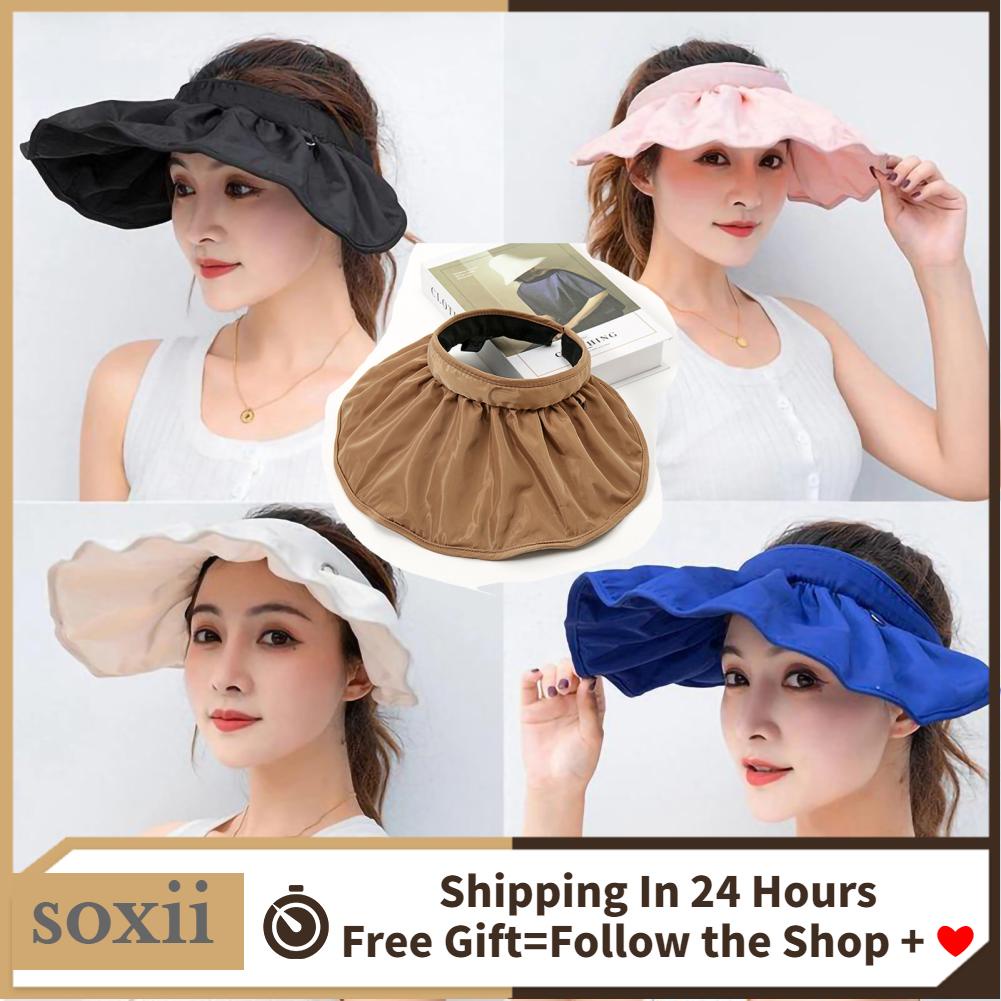Soxii Women Sun Visors Wide Brim UV Proof Elastic Foldable Clip On Packable Shell Hat for Summer