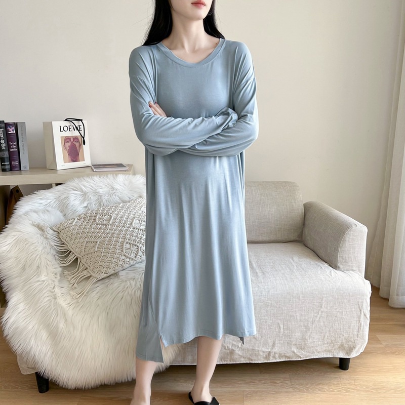 Đầm Cotton Modal Dáng Rộng Tay Dài Cổ Tròn Màu Trơn Thời Trang Mùa Hè Cho Nữ