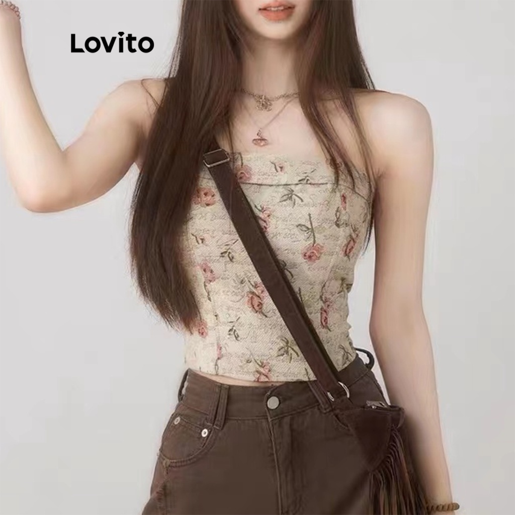 Áo dây Lovito phối dây kéo họa tiết hoa cổ điển cho nữ L45AD031 (màu quả mơ)