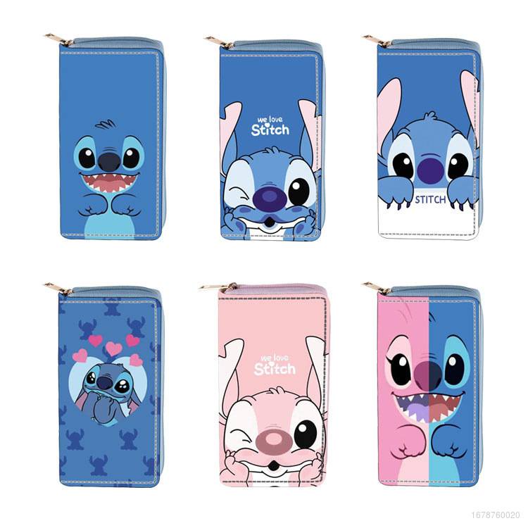 Ví Da PU Dáng Dài Có Khóa Kéo Đa Năng In Họa Tiết Hoạt Hình Stitch Xinh Xắn