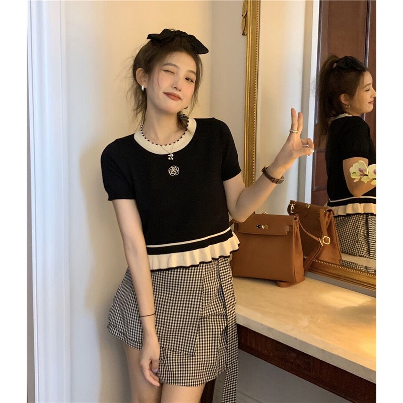 Áo thun DUOHANZI dệt kim ngắn tay viền trắng đen thời trang ngọt ngào cho nữ