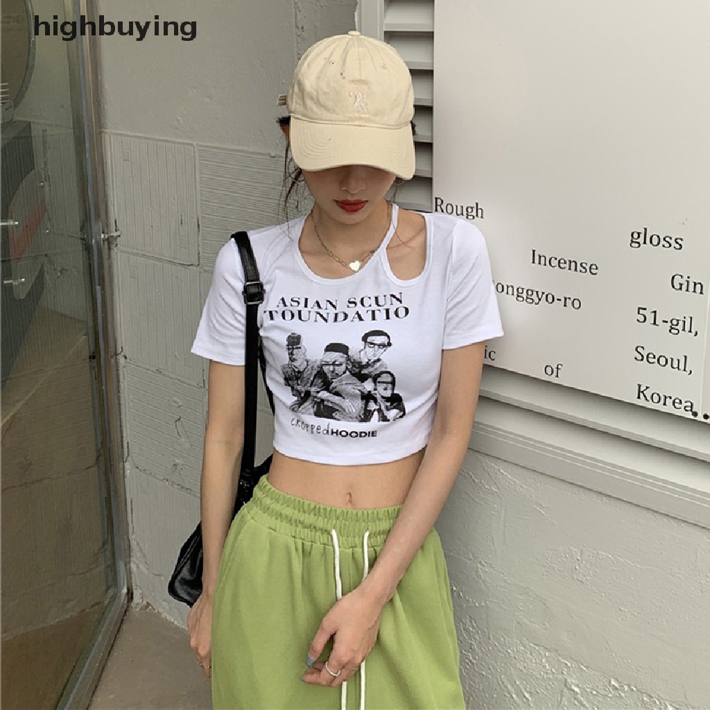 Áo Thun Lửng Ngắn Tay Cổ Tròn In Họa Tiết Phong Cách Retro Mỹ Cho Nữ