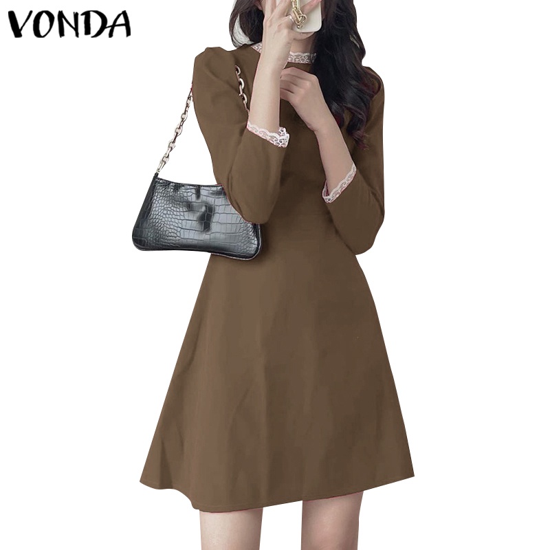 Đầm VONDA tay dài cổ tròn màu trơn viền phối ren thời trang phong cách