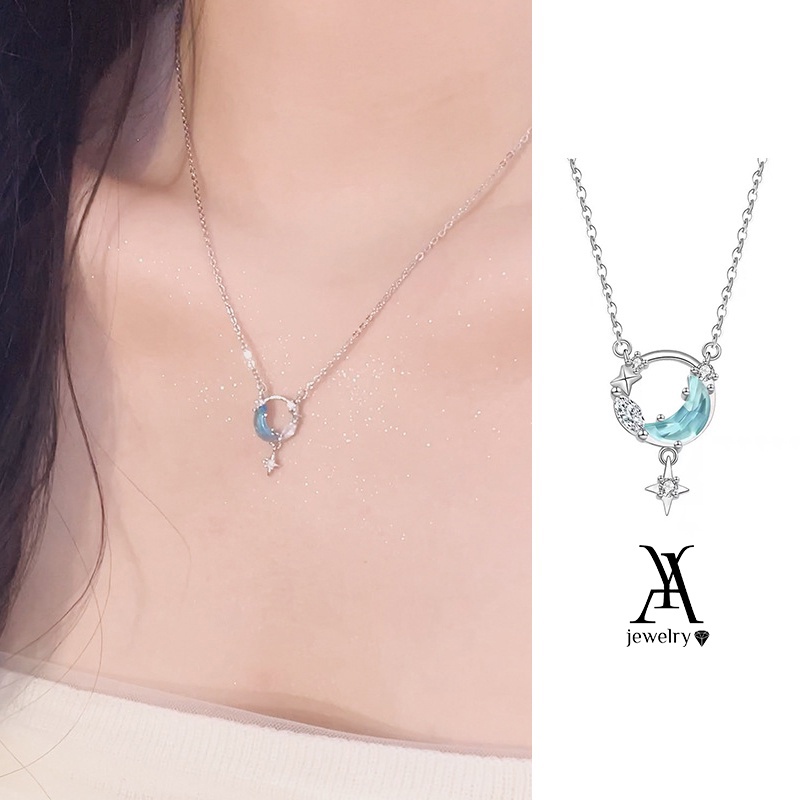 Vòng cổ Bạc Mặt Hình Trăng Sao Đính Đá Zircon Xanh Phong Cách Hàn Quốc