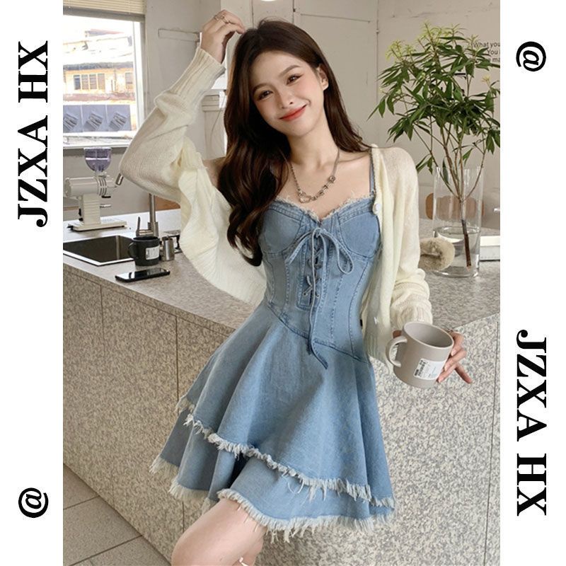 [F &amp; X] Đầm Denim Hai Dây Nhấn Eo Hẹp Cao Cấp Thời Trang Mùa Hè Pháp Cho Nữ