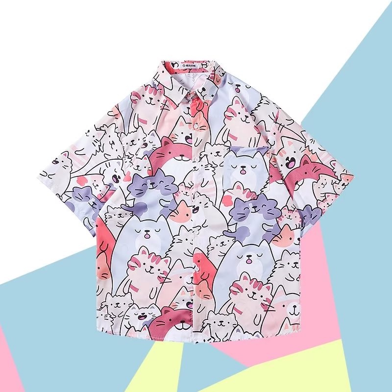 Áo Sơ Mi Ngắn Tay Nhuộm Màu Họa Tiết Hoạt Hình + Quần short Dáng Rộng Phong Cách Hàn Quốc Thời Trang Đi Biển Hawaii