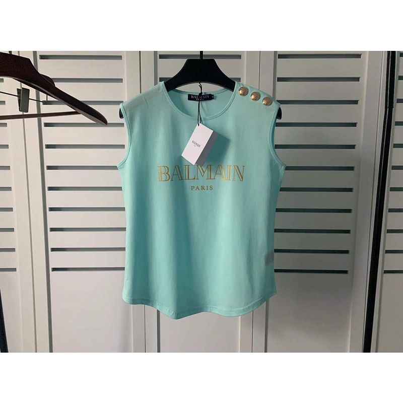 22 spring and summer new Balmain sleeveless gilded shoulder gold buckle vest arc hem T-shirt women's WLYI