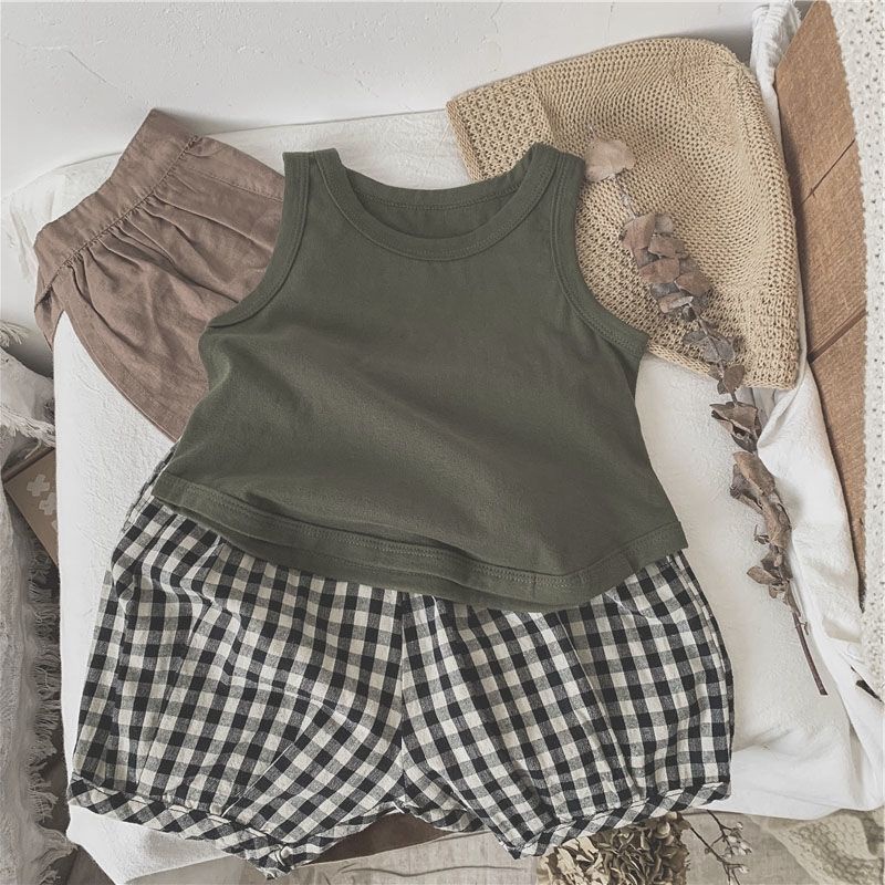 MNGRL Áo Ba Lỗ Cotton Màu Trơn Cổ Tròn Mềm Mát Bé Trai Bé Gái