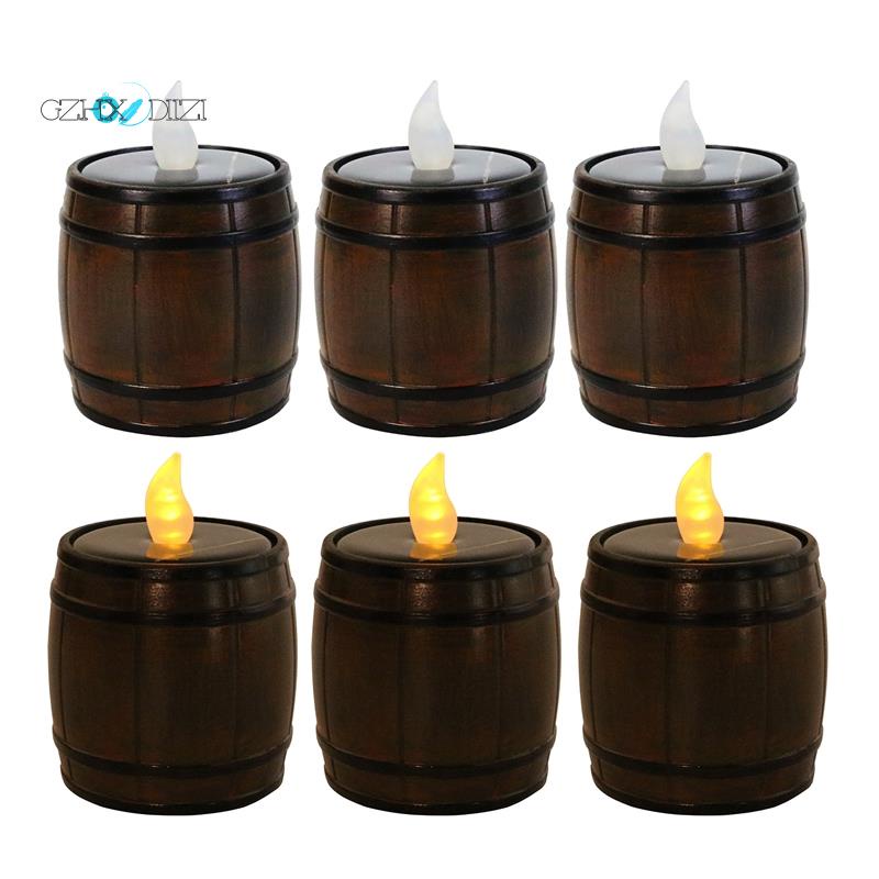 Set 6 Đèn LED Hình Thùng Rượu Cảm Biến Năng Lượng Mặt Trời Ánh Sáng Trắng Ấm Trang Trí Tiệc Cưới