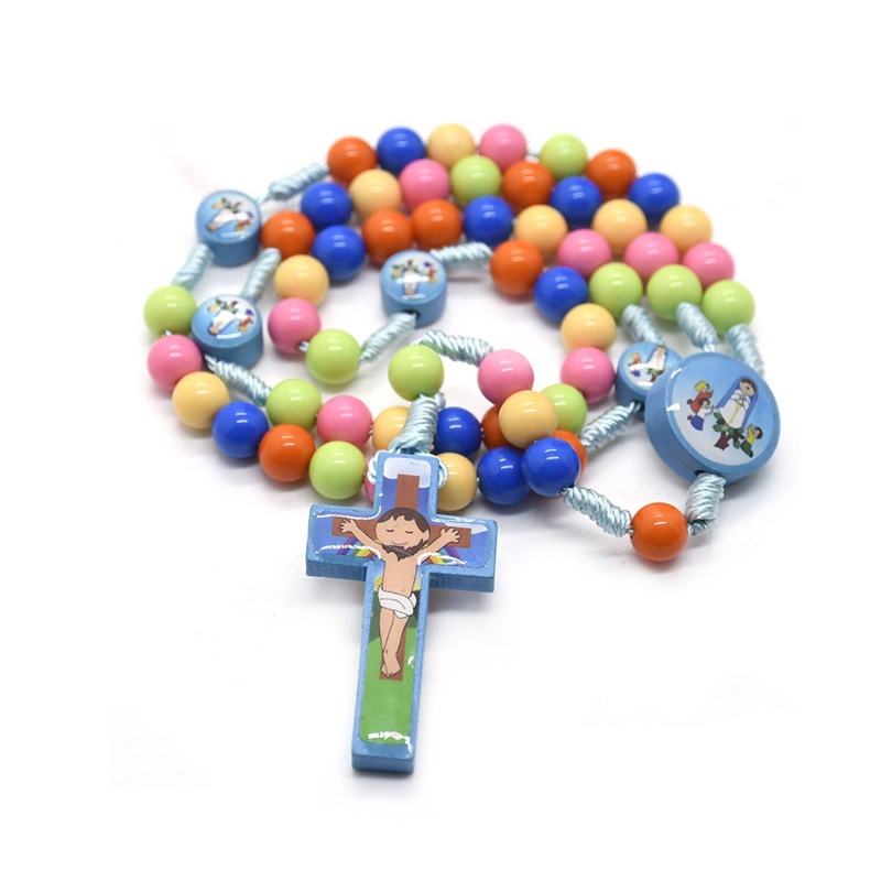 Cartoon Jesus for Cross Rosary Necklace Handmade Colorful Round Beads Pendant