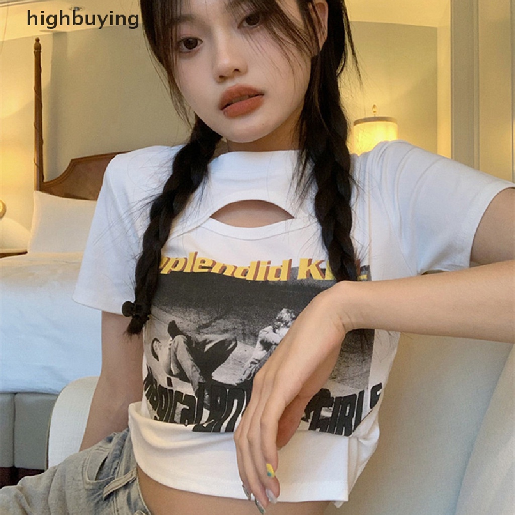 Áo Thun Lửng Ngắn Tay Cổ Tròn In Họa Tiết Vintage Cho Nữ