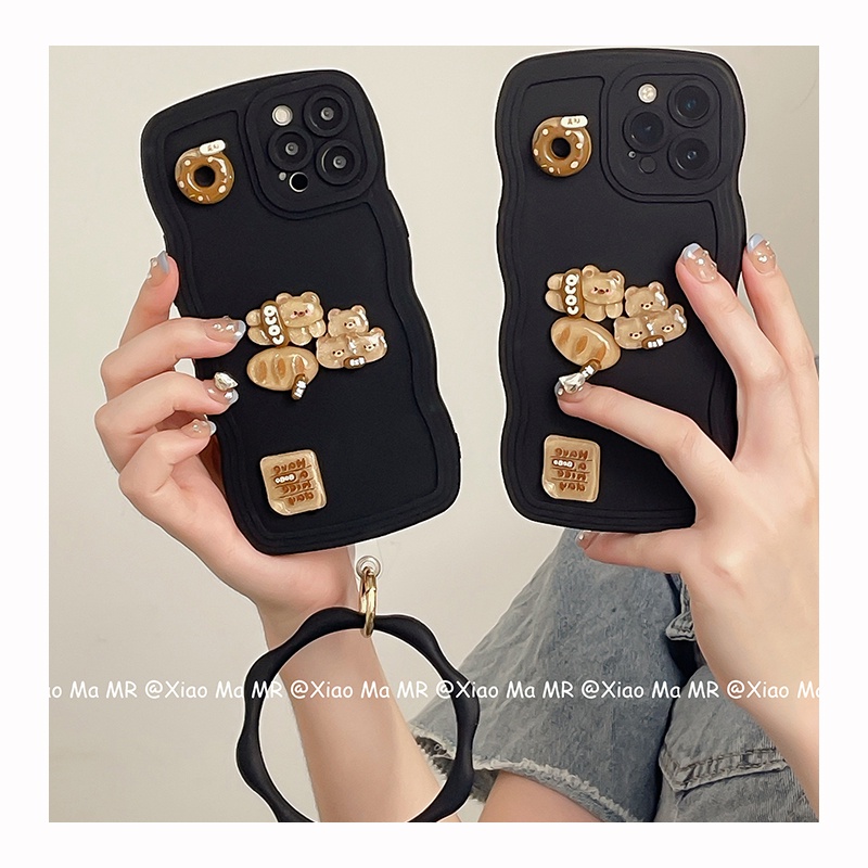 Ốp Điện Thoại Tpu In Hình Gấu Bánh Mì Sữa Có Vòng Đeo Tay Cho IPhone 14 13 12 11 Pro Max X XR XS Max 6 7 8 Plus